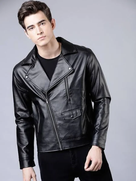  HIGHLANDER Men Black Solid Leather Jacket